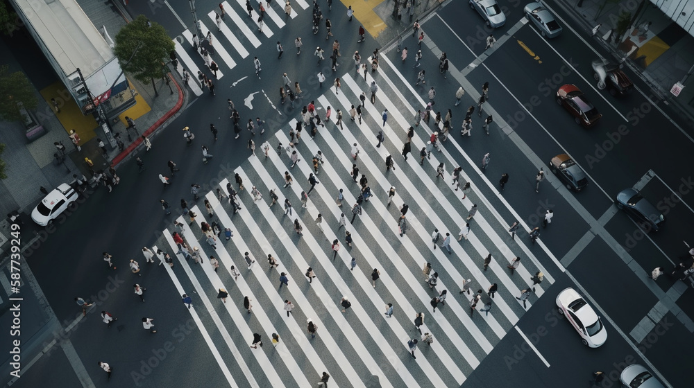 スクランブル交差点の歩道を横断する人々の俯瞰写真,generated AI スクランブル交差点の歩道を横断する人々の俯瞰写真,generated AI