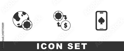 Set Casino chips, exchange on money and Online poker table game icon. Vector