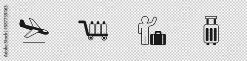 Set Plane landing, Trolley baggage, Tourist with suitcase and Suitcase icon. Vector