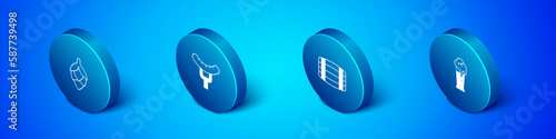 Set Isometric Hop, Wooden barrel, Glass of beer and Sausage on the fork icon. Vector