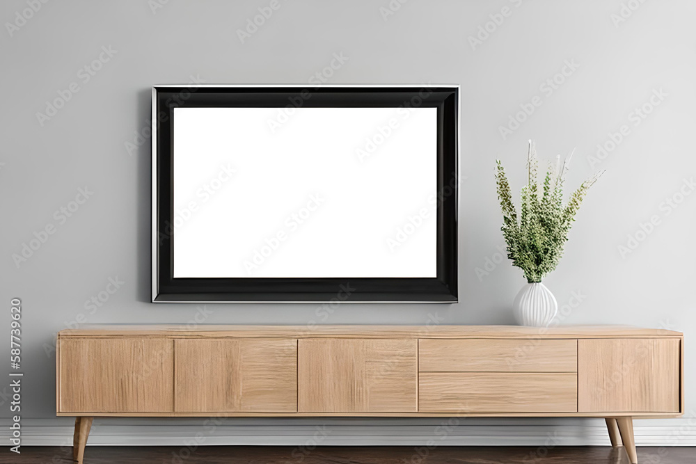 A mockup simple photo frame at the wall and a cabinet drawer. Generative Ai. A mockup simple photo frame at the wall and a cabinet drawer. Generative Ai.