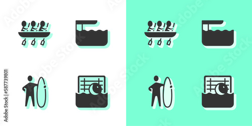 Set Water polo, Canoe rowing team sports, Surfboard and Diving springboard icon. Vector