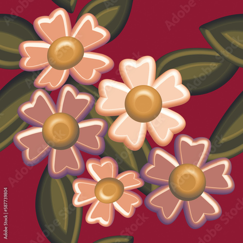 Seamless pattern of 3-d flowers  illustration with leaves.