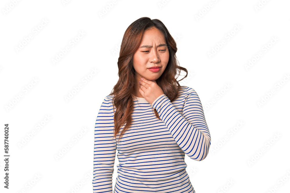 A young chinese woman suffers pain in throat due a virus or infection. A young chinese woman suffers pain in throat due a virus or infection.