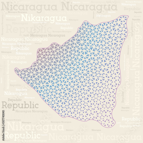 Nicaragua map design. Country names in different languages and map shape with geometric low poly triangles. Powerful vector illustration of Nicaragua.