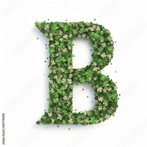 Letter B of the alphabet made from green clover leaves. Generative AI.