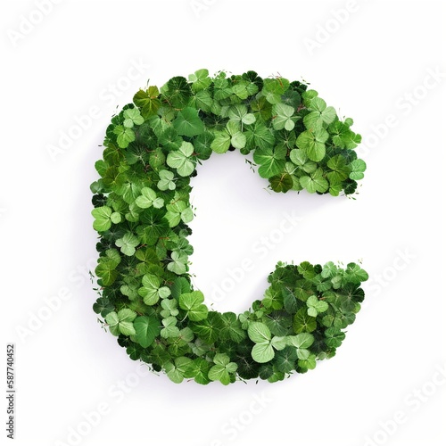 Letter C of the alphabet made from green clover leaves. Generative AI.