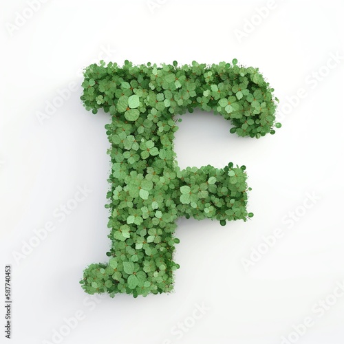 Letter F of the alphabet made from green clover leaves. Generative AI.