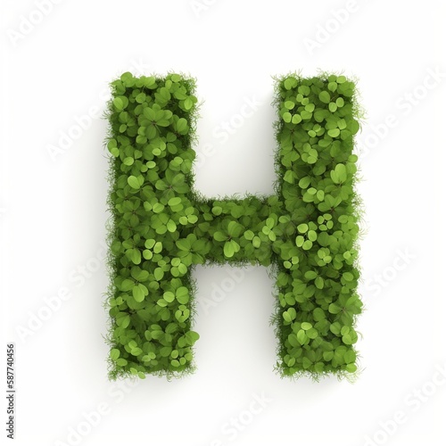 Letter H of the alphabet made from green clover leaves. Generative AI.
