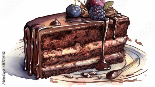 Illustrate a decadent and rich watercolor portrait of a slice of chocolate cake on a white background, using bold colors and intricate detailing to convey its indulgence and sweetn Generative AI photo