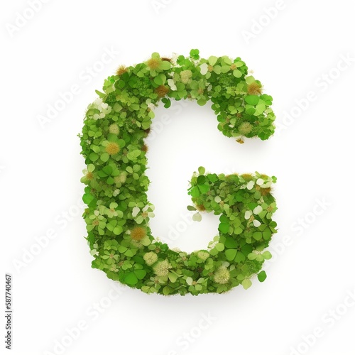 Letter G of the alphabet made from green clover leaves. Generative AI.