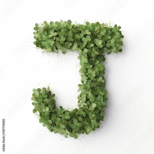 Letter J of the alphabet made from green clover leaves. Generative AI.