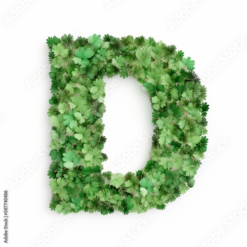 Letter D of the alphabet made from green clover leaves. Generative AI.