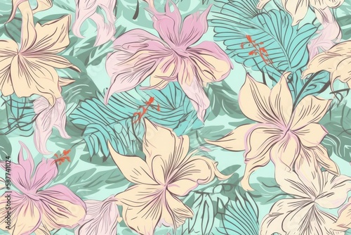 Exotic Colorful Tropical Hibiscus Flowers Hawaiian Pastel Mosaic Abstract Floral Seamless Pattern  Desktop Background  Screensaver with Soft Oranges  Yellows  Greens  Pinks  Purples  and Blues