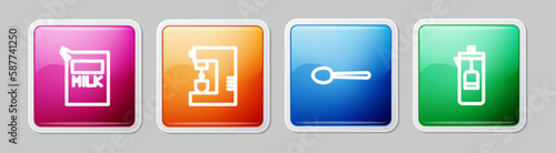 Set line Paper package for milk, Coffee machine, Spoon and French press. Colorful square button. Vector