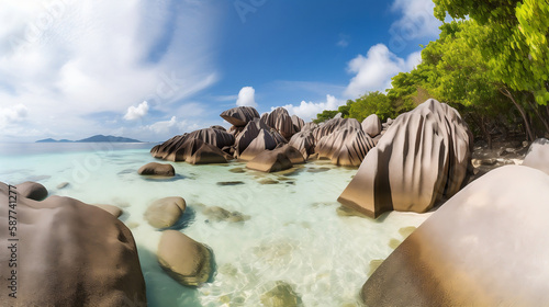 The secluded and unspoiled beauty of the Anse Source d'Argent beach in Seychelles, with its unique granite boulders and clear waters.