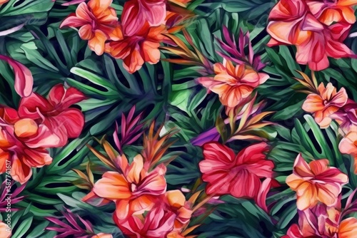 Exotic Colorful Tropical Hibiscus Flowers Hawaiian Pastel Mosaic Abstract Floral Seamless Pattern, Desktop Background, Screensaver with Soft Oranges, Yellows, Greens, Pinks, Purples, and Blues 