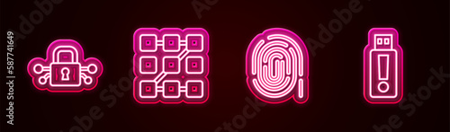 Set line Cyber security, Graphic password protection, Fingerprint and USB flash drive. Glowing neon icon. Vector