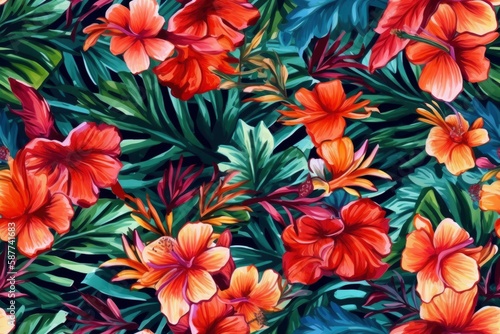 Exotic Colorful Tropical Hibiscus Flowers Hawaiian Pastel Mosaic Abstract Floral Seamless Pattern  Desktop Background  Screensaver with Soft Oranges  Yellows  Greens  Pinks  Purples  and Blues 