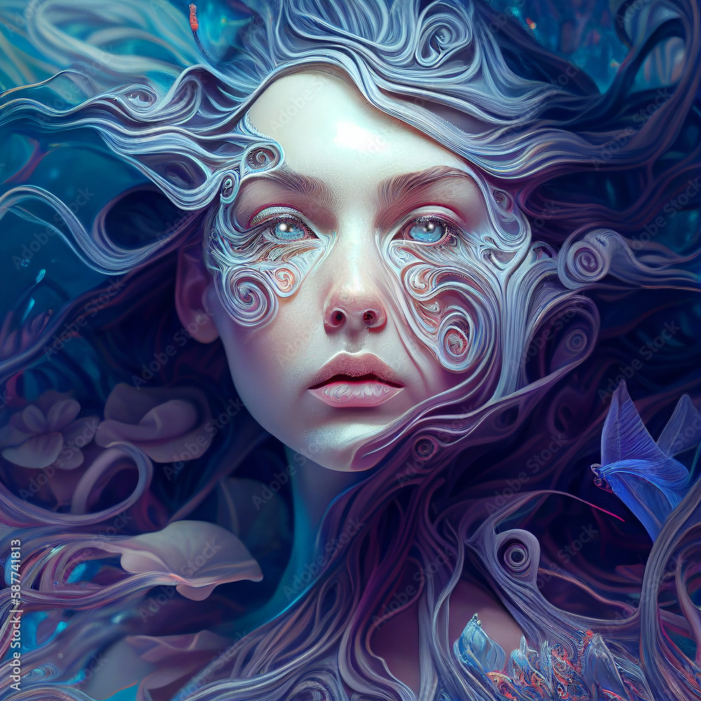 Beautiful mermaid, ocean witch, slim blue mermaid with long hair. Painting, concept art, cinematic light, background, wallpaper, illustration fantasy portrait generative AI