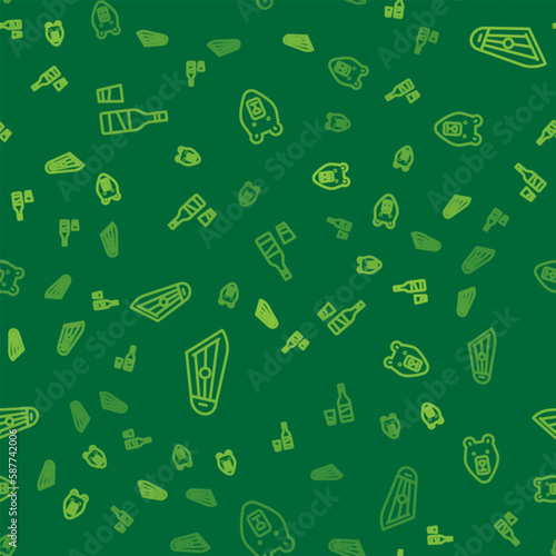 Set line Bottle of vodka with glass, Kankles and Bear head on seamless pattern. Vector