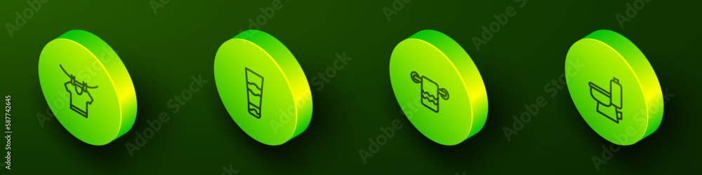 Set Isometric line Drying clothes, Tube of toothpaste, Towel on hanger and Toilet bowl icon. Vector Set Isometric line Drying clothes, Tube of toothpaste, Towel on hanger and Toilet bowl icon. Vector