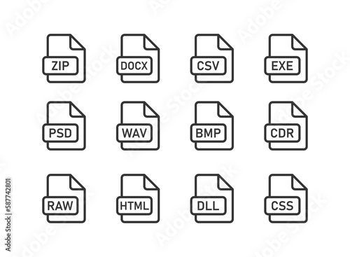 File type icon set on light background. Sheet document symbol. File for dowload, app, doc, exe, zip raw formats. Outline style. Flat design. Vector illustration.