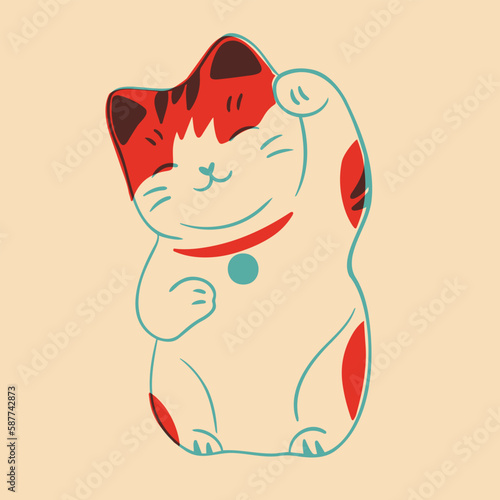 Lucky cat. Colorful cute screen printing effect. Riso print effect. Vector illustration. Graphic element  for fabric, textile, clothing, wrapping paper, wallpaper, poster.