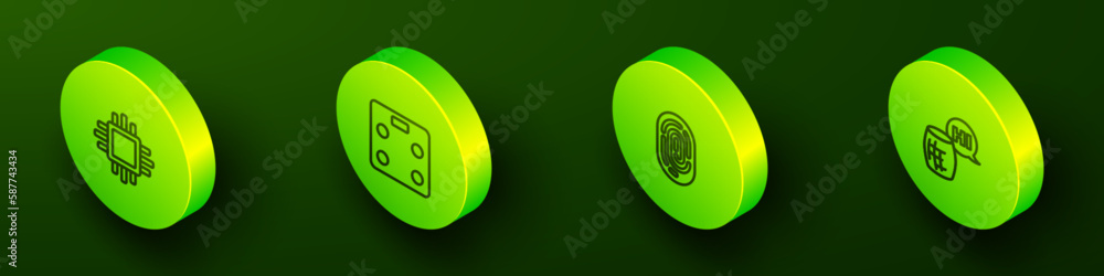 Set Isometric line Processor with CPU, Smart bathroom scales, Fingerprint and Voice assistant icon. Vector Set Isometric line Processor with CPU, Smart bathroom scales, Fingerprint and Voice assistant icon. Vector