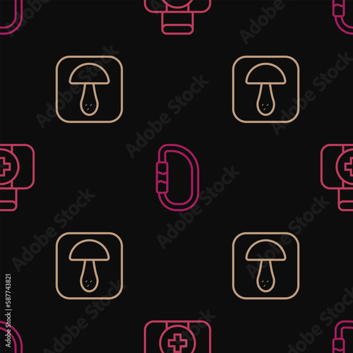 Set line First aid kit  Mushroom and Carabiner on seamless pattern. Vector