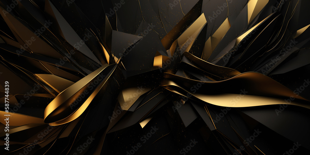 3D abstract wallpaper. Three-dimensional dark golden and black background. Black and gold background. generative ai. golden wallpaper - obrazy, fototapety, plakaty 