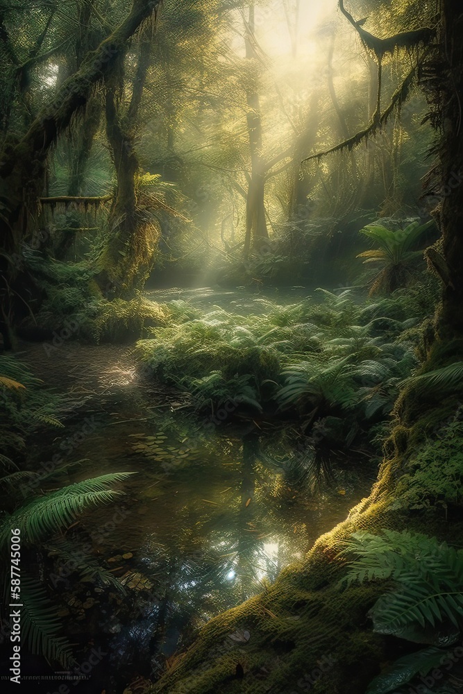 Obraz premium the little lake in an enchanted magical forest in the morning in a fog in the sun, trees in a haze of light, glowing fog among the trees. Generative Ai.