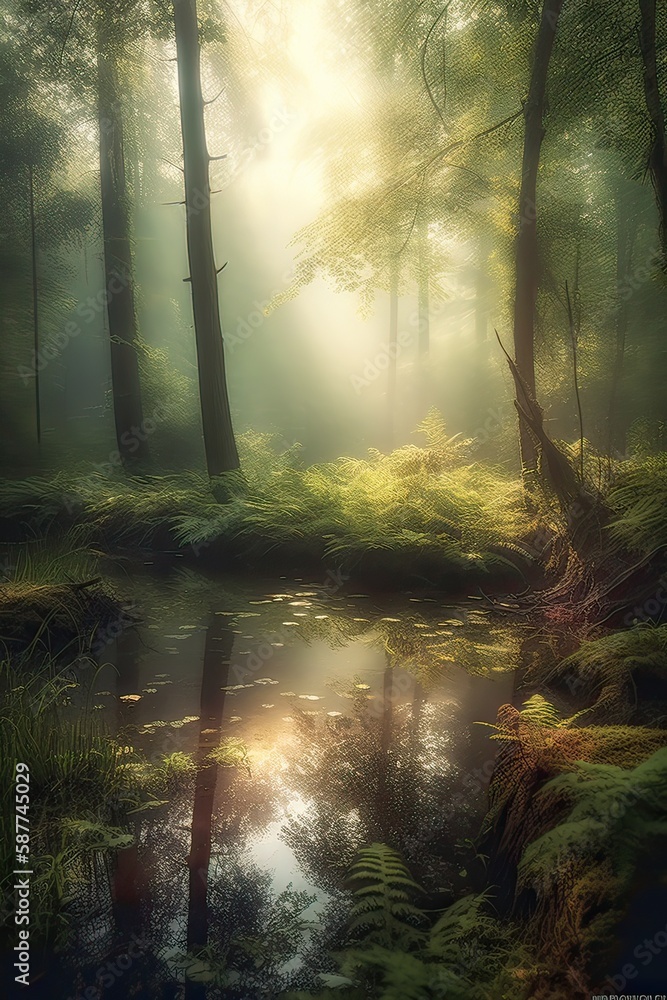 Obraz premium the little lake in an enchanted magical forest in the morning in a fog in the sun, trees in a haze of light, glowing fog among the trees. Generative Ai.