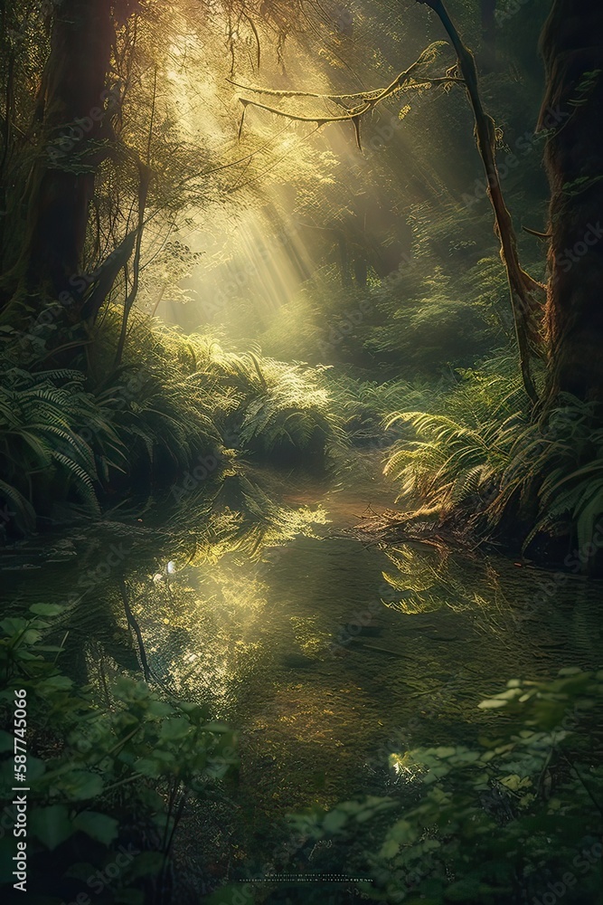 Obraz premium the little lake in an enchanted magical forest in the morning in a fog in the sun, trees in a haze of light, glowing fog among the trees. Generative Ai.