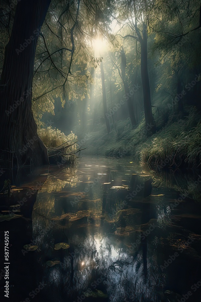 the little lake in an enchanted magical forest in the morning in a fog in the sun, trees in a haze of light, glowing fog among the trees. Generative Ai.