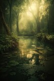the little lake in an enchanted magical forest in the morning in a fog in the sun, trees in a haze of light, glowing fog among the trees. Generative Ai.