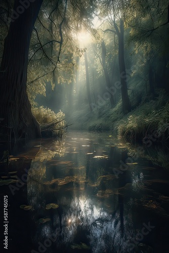 the little lake in an enchanted magical forest in the morning in a fog in the sun  trees in a haze of light  glowing fog among the trees. Generative Ai.
