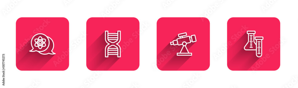 Set line Atom, DNA symbol, Telescope and Test tube with long shadow. Red square button. Vector Set line Atom, DNA symbol, Telescope and Test tube with long shadow. Red square button. Vector