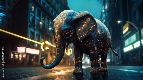 Black baby elephant with golden intricate pattern on skin. Generative AI