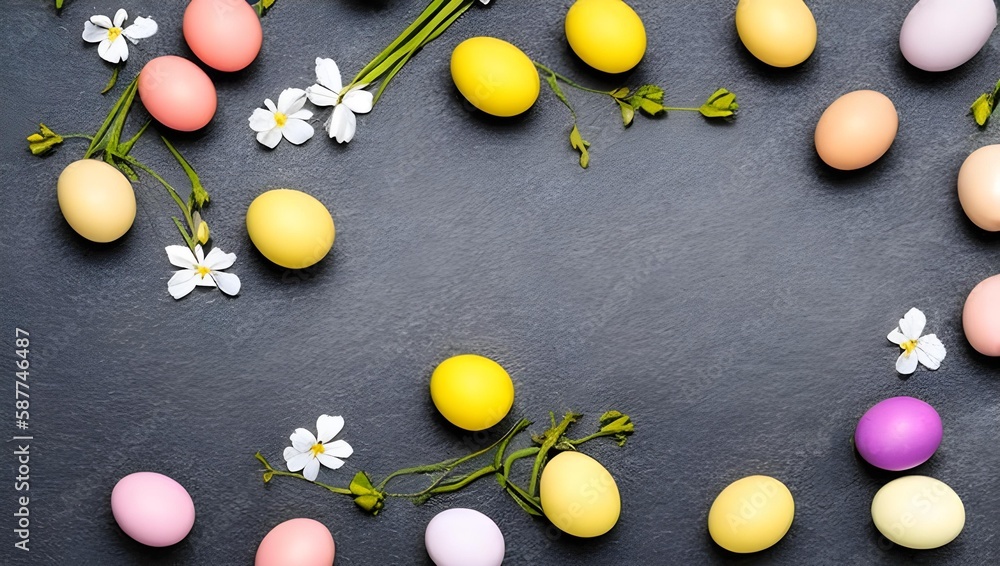 Obraz premium イースターエッグと花の背景 カラフル
