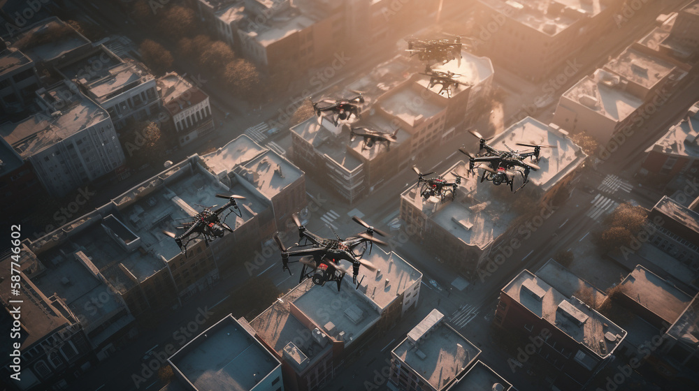 A swarm of technologically advanced drones flying above modern city blocks in a menacing way at mid day -Generative AI A swarm of technologically advanced drones flying above modern city blocks in a menacing way at mid day -Generative AI