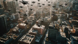 A swarm of technologically advanced drones flying above modern city blocks in a menacing way at mid day -Generative AI