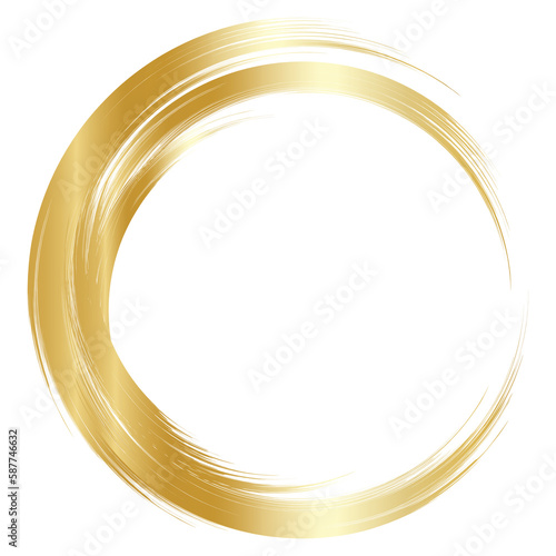 Gold circle frame element. Golden circle, Brush ornament. Gold Circle Frame for invitations, photo frames, sales banner elements. Transparent PNG image.