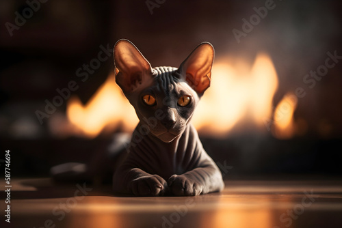 Elegant black sphynx cat on fireplace background. Generative AI. © iconogenic