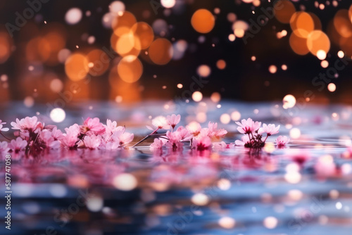 Cherry blossom petals floating on calm water, Generative AI