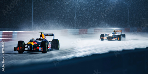 Formula One race under the snow featuring a final lap - Generative AI