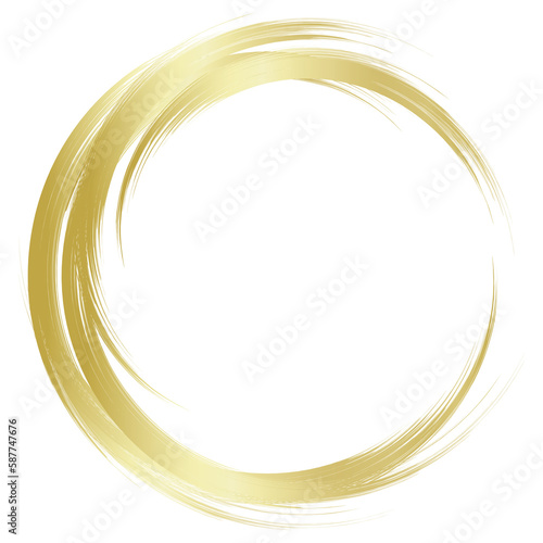 Gold circle frame element. Golden circle, Brush ornament. Gold Circle Frame for invitations, photo frames, sales banner elements. Transparent PNG image.