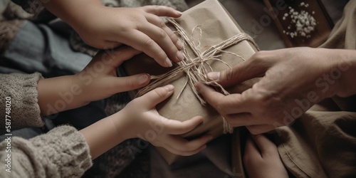 photo from above, close-up, son entering present for mother, generative IA photo