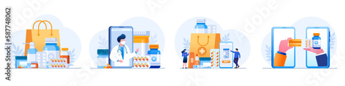 Pharmacy medical drugs, medicine, drugstore, healthcare, flat vector illustration banner and background