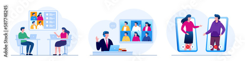 People connecting online with teleconference and video conference for meeting learning remote working concept. flat vector illustration design